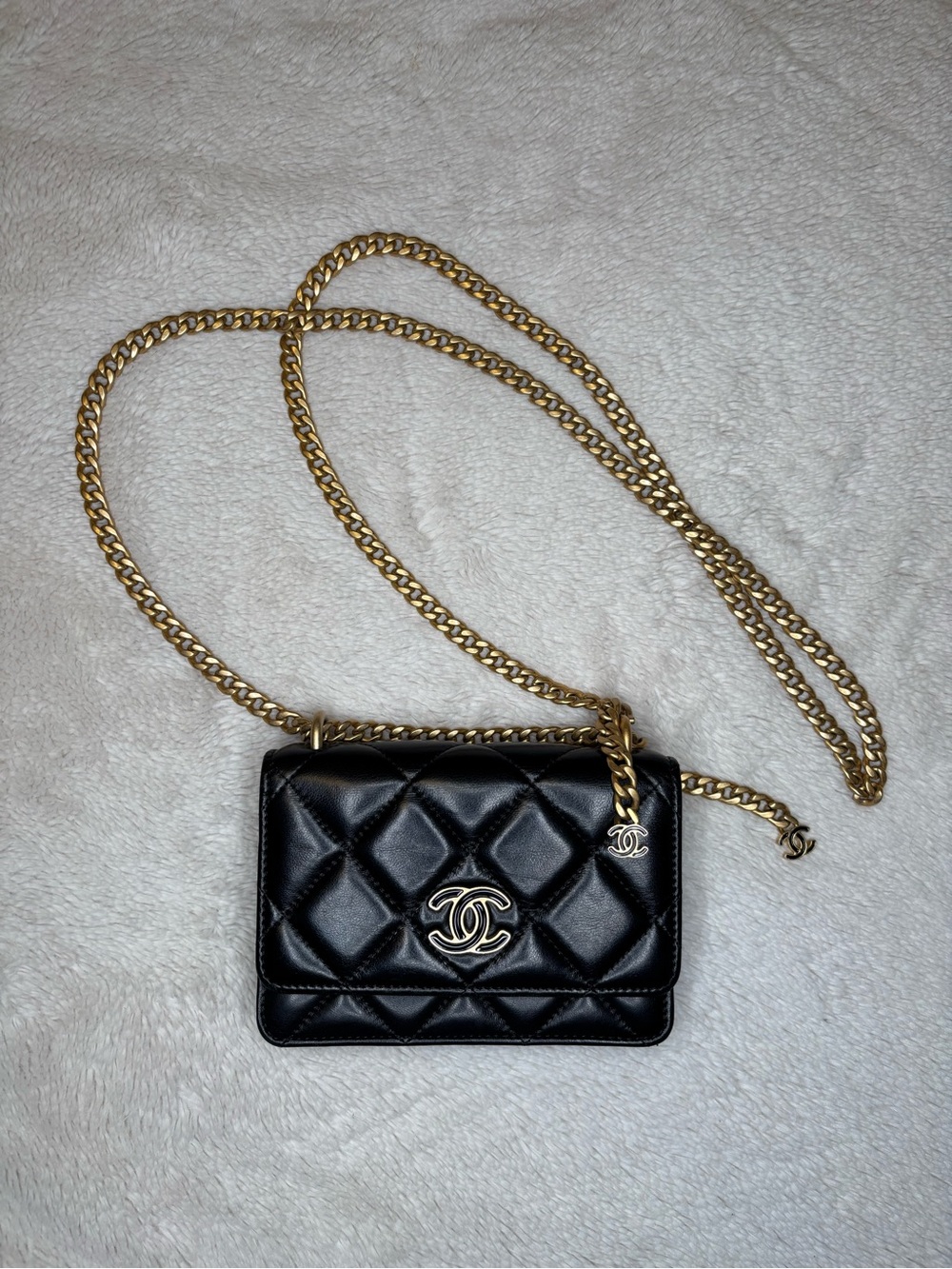CHANEL Flap Wallet On Chain Black Lambskin Gold Hardware Quilted CC Crossbody